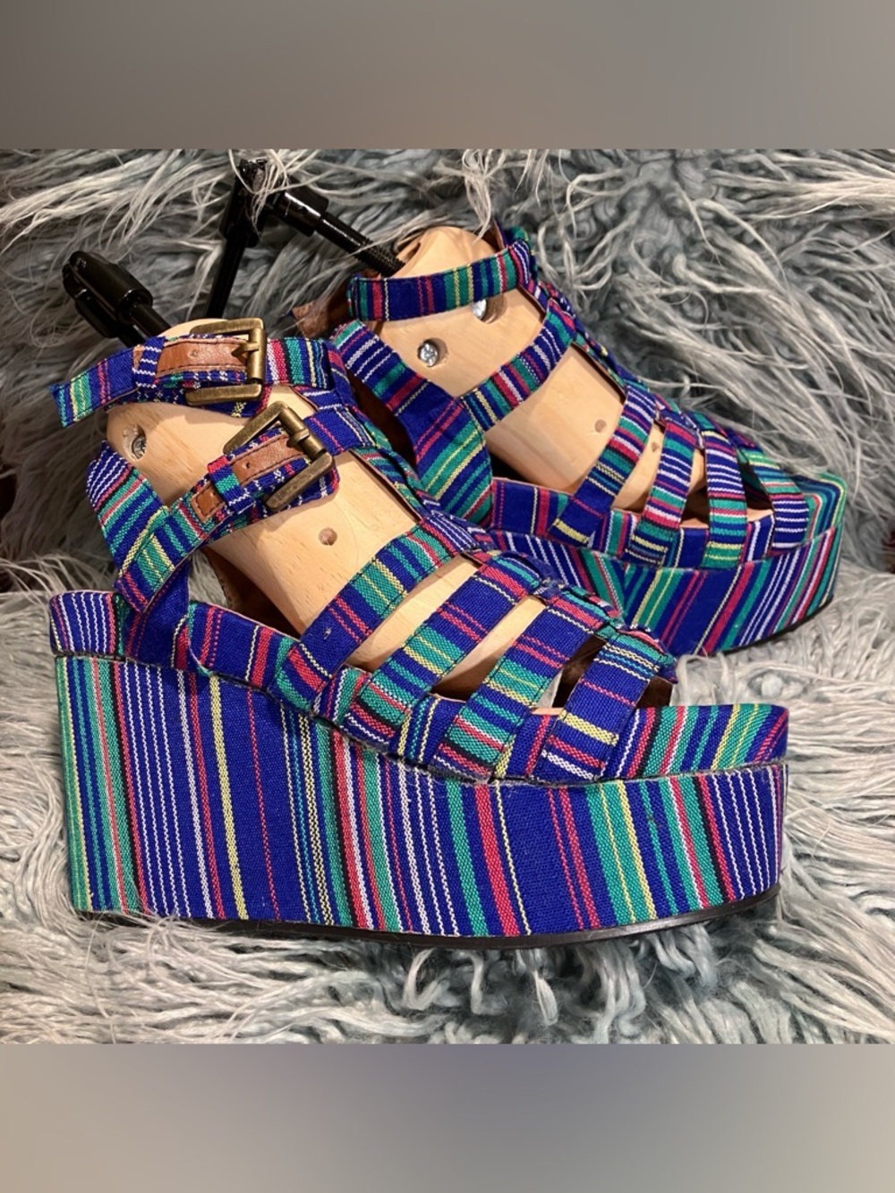 Jeffrey Campbell Turin platform wedge sandal heels cage strappy blue green red 8
